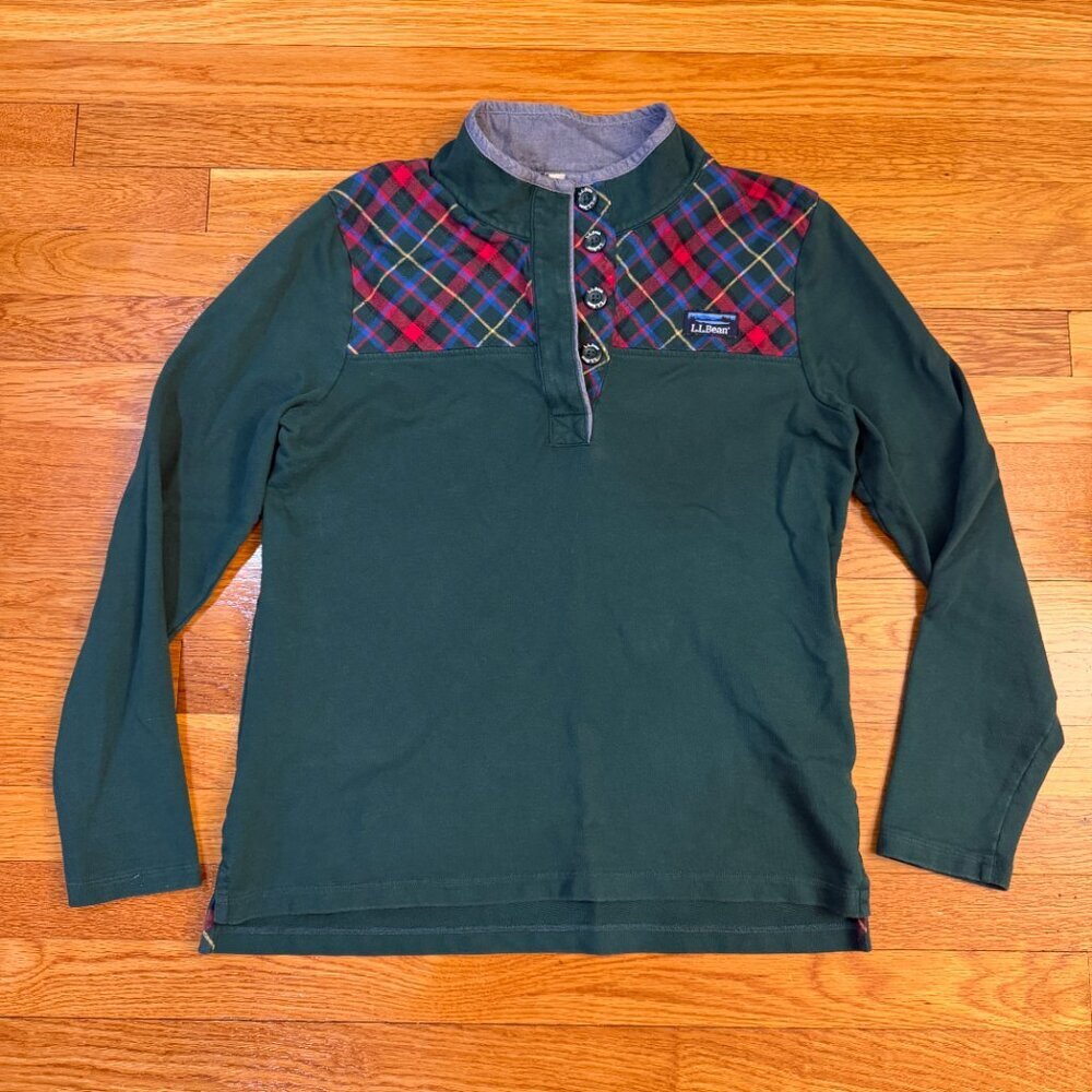 L.L. Bean Green Cotton Henley Pullover Shirt plaid quilted yoke - Size Med *FLAW